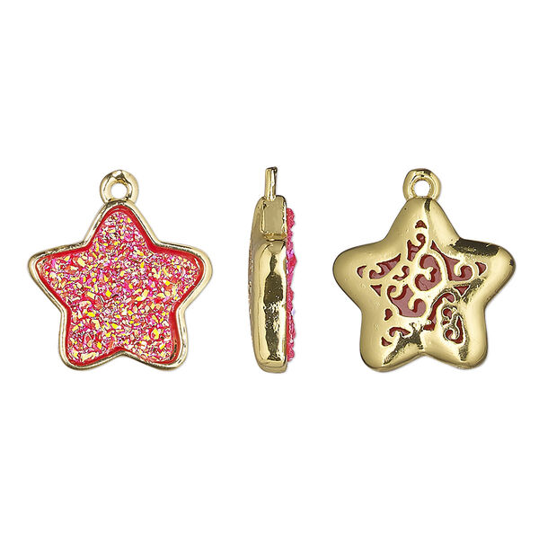 Drop, Druzylite™, "druzy" (resin) and gold-finished brass, hot pink, 15x14mm two-sided star with open filigree back. Sold per pkg of 4. image number 0