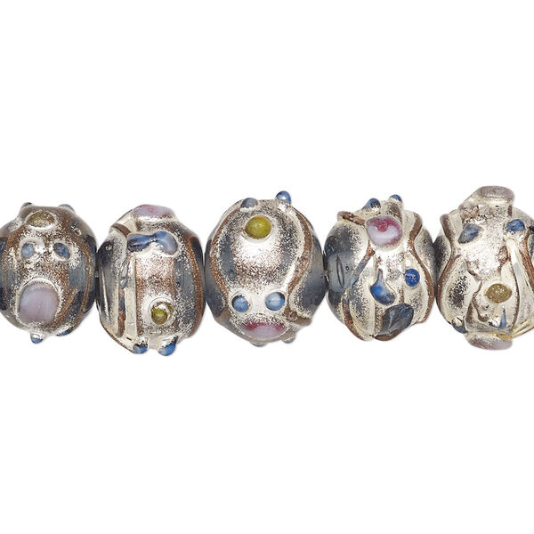 Bead, lampworked glass, transparent blue and multicolored with silver- and gold-colored foil, 13x11mm rondelle. Sold per pkg of 30. image number 0