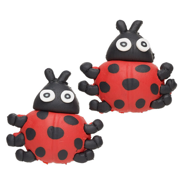 Magnet, polymer clay and plastic, red / black / white, 35x34mm ladybug. Sold per pkg of 2. image number 0