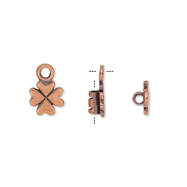 Crimp end, antique copper-plated brass, 8mm 4-leaf clover with loop, 2mm inside diameter. Sold per pkg of 2. image number 0