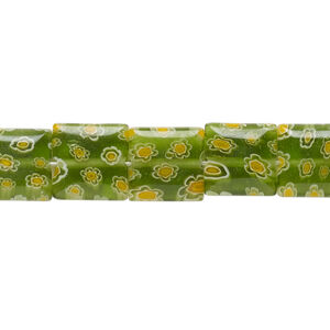 Bead, millefiori glass, translucent green / orange / white, 9mm-11x10mm puffed square with flower design. Sold per 14-inch strand.