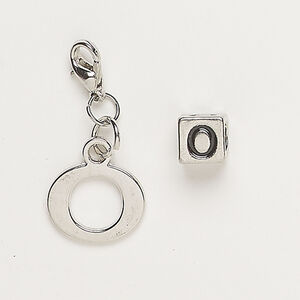 Bead and charm 1pkg2, antique silver-finished "pewter" (zinc alloy) / steel / enamel, black, 7mm cube with alphabet letter "O" and 15x12mm alphabet letter "O" with lobster claw clasp.