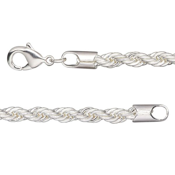Chain, silver-plated brass, 4mm rope, 20 inches with lobster claw clasp. Sold individually. image number 0