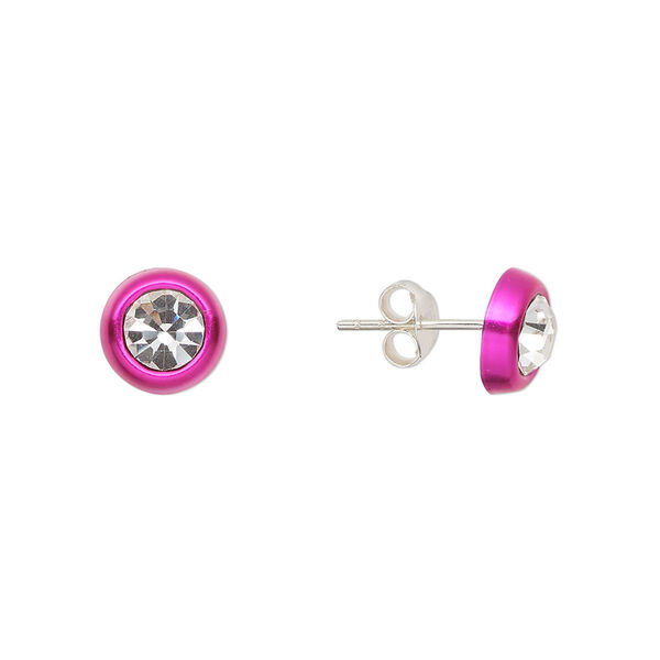 Earstud, Create Compliments®, enamel and sterling silver, hot pink, 8mm round. Sold per pair. image number 0