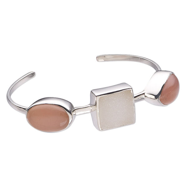 Bracelet, cuff, druzy agate / pink chalcedony (natural / dyed) / sterling silver, 16mm wide, 7-1/2 inches. Sold individually. image number 0