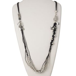 Necklace, multi-strand, antiqued silver-finished "pewter" (zinc-based alloy)/leather/steel, black, 36 inches. Sold individually.