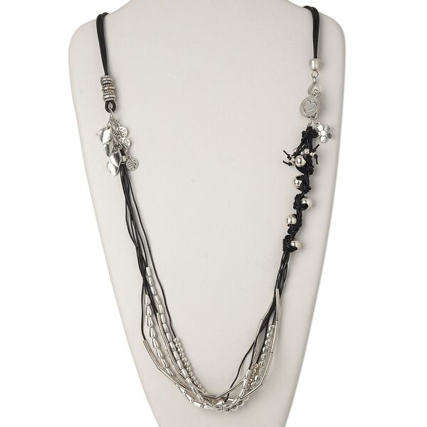 Necklace, multi-strand, antiqued silver-finished "pewter" (zinc-based alloy)/leather/steel, black, 36 inches. Sold individually. image number 0