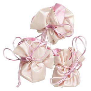 Pouch, rayon, pkg/3, cream and pink, 3-1/2x3-inch round with drawstring.
