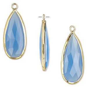 Drop, blue chalcedony (dyed) and gold-finished sterling silver, 27x12mm double-sided faceted teardrop. Sold per pkg of 2.