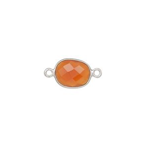 Link, carnelian (dyed / heated) and sterling silver, 9x7mm-12x10mm oval with 8x6mm-11x9mm hand-cut double-sided faceted flat freeform oval. Sold individually.