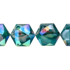 Bead, millefiori glass, marbled teal AB, 16x14mm faceted hexagon. Sold per 8-inch strand, approximately 10 beads.
