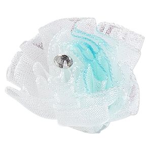 Ring, organza / acrylic rhinestone / silver-finished steel, white / turquoise blue / clear, 30x30mm-35x35mm flower, adjustable. Sold individually.