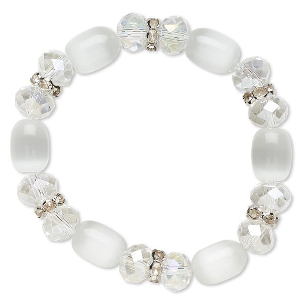 Bracelet, stretch, glass / cat's eye glass / glass rhinestone / imitation rhodium-plated steel, clear AB / white / clear, 10mm wide, 6 inches. Sold individually. image number 0