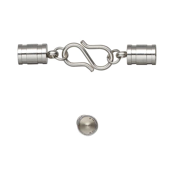 Clasp, S-hook, stainless steel, 33x7mm clasp with 13x7mm hook and 7x5mm glue-in tube ends, 4mm inside diameter. Sold individually. image number 0
