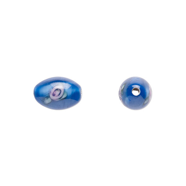 Bead, Czech lampworked glass, opaque blue / pink / green, 9x6mm-10x7mm oval with flower design. Sold per pkg of 4. image number 0