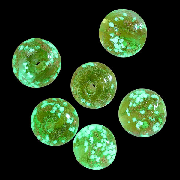 Bead, lampworked glass, clear / peridot green / glow-in-the-dark / gold, 12mm round. Sold per pkg of 6. image number 1