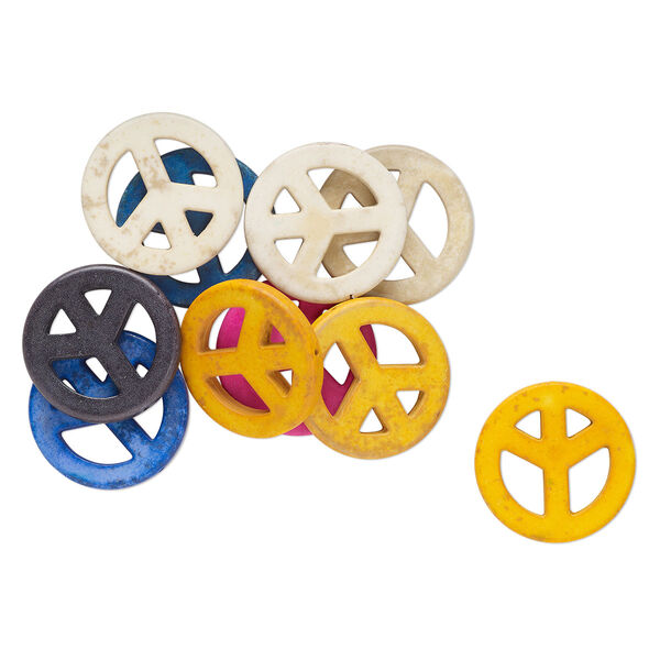 Bead mix, "howlite" (resin) (imitation), mixed colors, 35mm peace sign. Sold per pkg of 10. image number 0