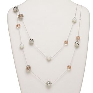 Necklace, imitation rhodium-finished brass and steel with glass, pink, 14mm round, 56-inch continuous loop. Sold individually.