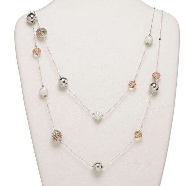 Necklace, imitation rhodium-finished brass and steel with glass, pink, 14mm round, 56-inch continuous loop. Sold individually. image number 0