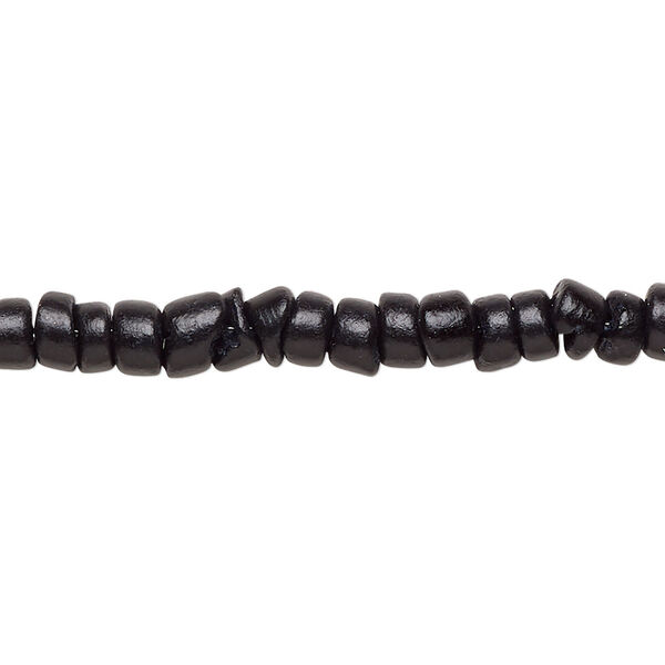 Bead, wood (dyed), black, 5x1.5mm-6x3.5mm hand-cut rondelle with 0.9mm hole. Sold per pkg of (2) 15-1/2" to 16" strands. image number 0