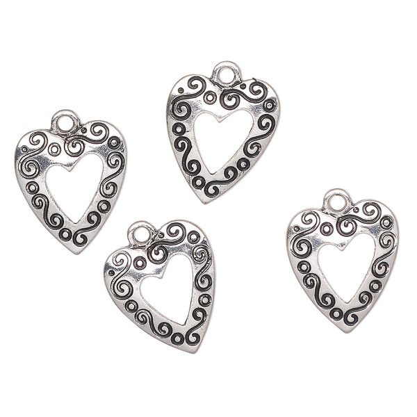 Charm, antique silver-finished "pewter" (zinc-based alloy), 17x16mm heart with swirls. Sold per pkg of 4. image number 0