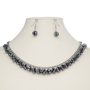 Hemalyke™ / steel / brass 1pkg1, silver-plated geometric round bead necklace / fishhook earrings, 18-19.5 inch / lobster claw clasp / 1.25 inch