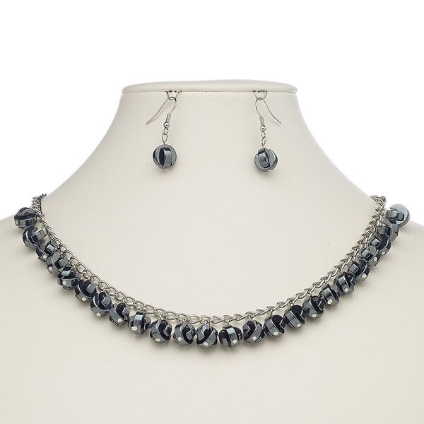Hemalyke™ / steel / brass 1pkg1, silver-plated geometric round bead necklace / fishhook earrings, 18-19.5 inch / lobster claw clasp / 1.25 inch image number 0
