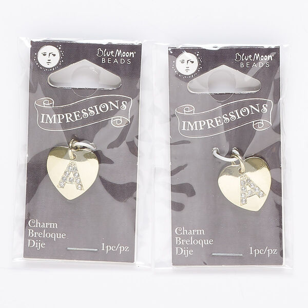 Charm, gold-finished "pewter" (zinc-based alloy) / steel / acrylic rhinestone, clear, 15.5mm single-sided puffed heart with letter "A." Sold per pkg of 2. image number 0