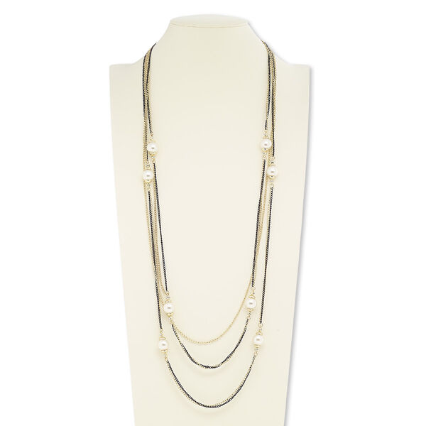 Necklace, 5-strand, glass rhinestone / plastic pearl / painted steel / gold-finished steel / "pewter" (zinc-based alloy), black / white / clear, 14mm round, 36 inches with lobster claw clasp. Sold individually. image number 0