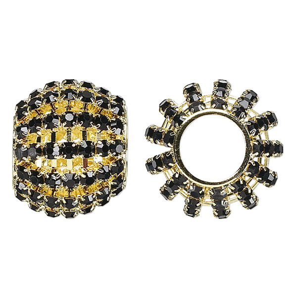 Bead, glass rhinestone and gold-finished brass, black, 25x20mm barrel with 3mm chatons, 11.5mm hole. Sold individually. image number 0
