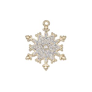Charm, enamel / glass rhinestone / gold-finished "pewter" (zinc-based alloy), clear and white with silver-colored glitter, 22x19.5mm single-sided snowflake. Sold individually.