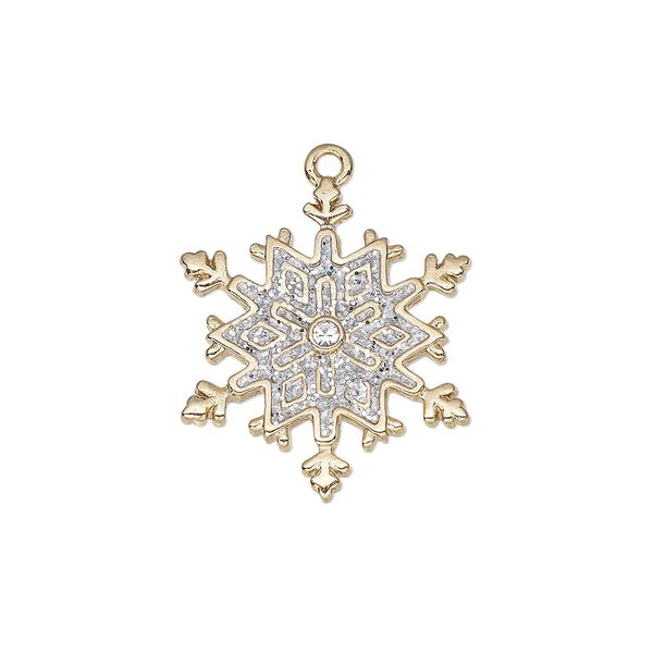 Charm, enamel / glass rhinestone / gold-finished "pewter" (zinc-based alloy), clear and white with silver-colored glitter, 22x19.5mm single-sided snowflake. Sold individually. image number 0