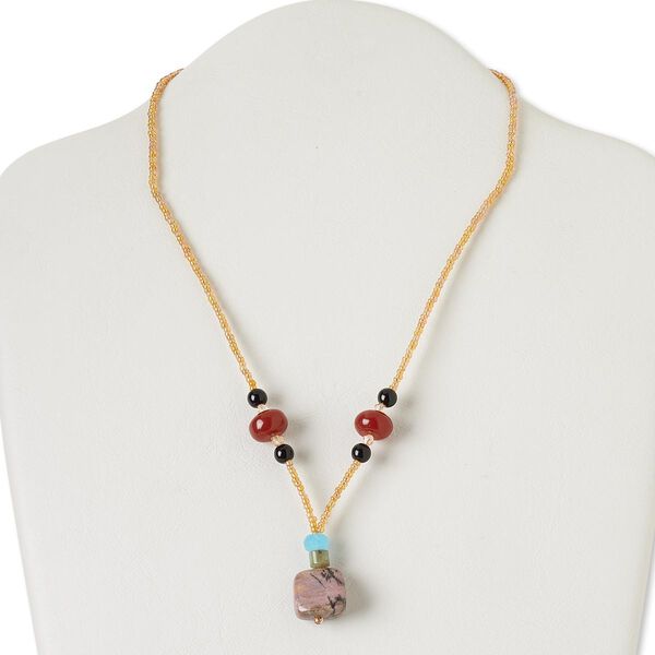 Necklace, multi-gemstone (dyed / natural) / glass / silver- or antiqued gold-finished "pewter" (zinc-based alloy), multicolored, 1-inch dangle, 17 inches with lobster claw clasp. Sold individually. image number 0