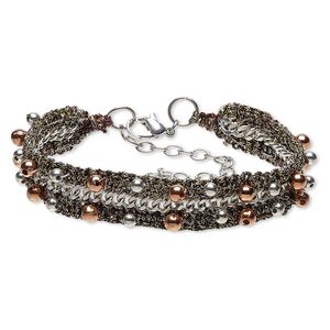 Bracelet, polyester / silver-plated steel / copper- / silver-coated plastic, multicolored, 17mm wide, 7-1/2 inches with 2-3/4 inch extender chain and lobster claw clasp. Sold individually.