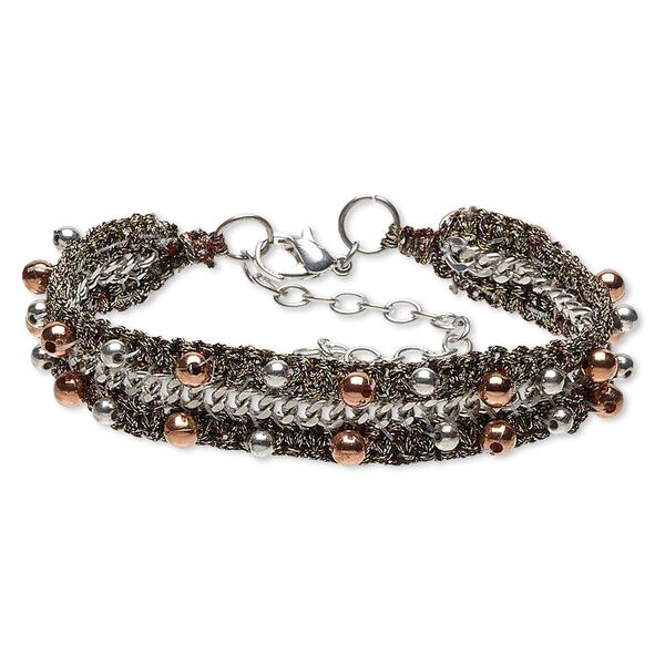 Bracelet, polyester / silver-plated steel / copper- / silver-coated plastic, multicolored, 17mm wide, 7-1/2 inches with 2-3/4 inch extender chain and lobster claw clasp. Sold individually. image number 0