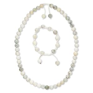 Green earth "jasper" / nylon 1pkg2 round necklace / bracelet natural 7-10 inch / 22-25 inch / adjustable macramé clasp 9-10mm