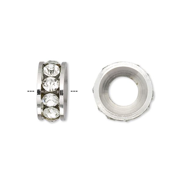Bead, Dione®, Czech crystal and silver-plated brass, crystal clear, 14x6mm rondelle with 7mm hole. Sold per pkg of 2. image number 0