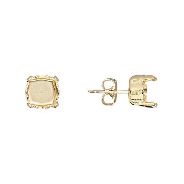 Earstud, gold-plated brass and steel, 8mm with post and SS39 4-prong chaton setting, 21 gauge. Sold per pkg of 2 pairs. image number 0
