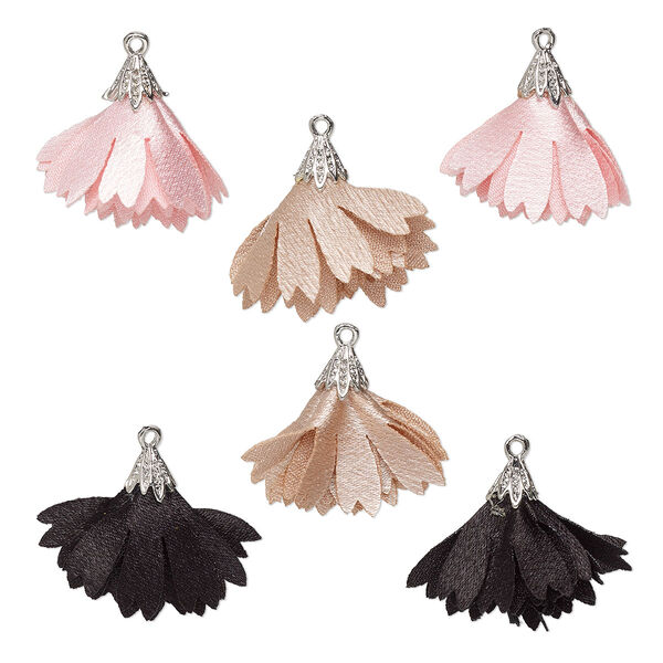 Drop, imitation rhodium-finished steel and polyester, mixed colors, 26x17mm flower tassel. Sold per pkg of 6. image number 0