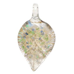 Focal, lampworked glass, opaque to transparent clear / blue / green, 52x29mm-57x31mm leaf with silver-colored foil. Sold individually.