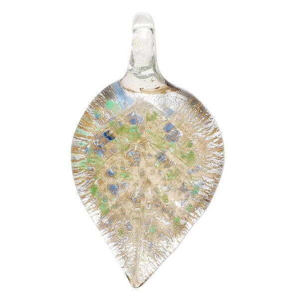 Focal, lampworked glass, opaque to transparent clear / blue / green, 52x29mm-57x31mm leaf with silver-colored foil. Sold individually. image number 0