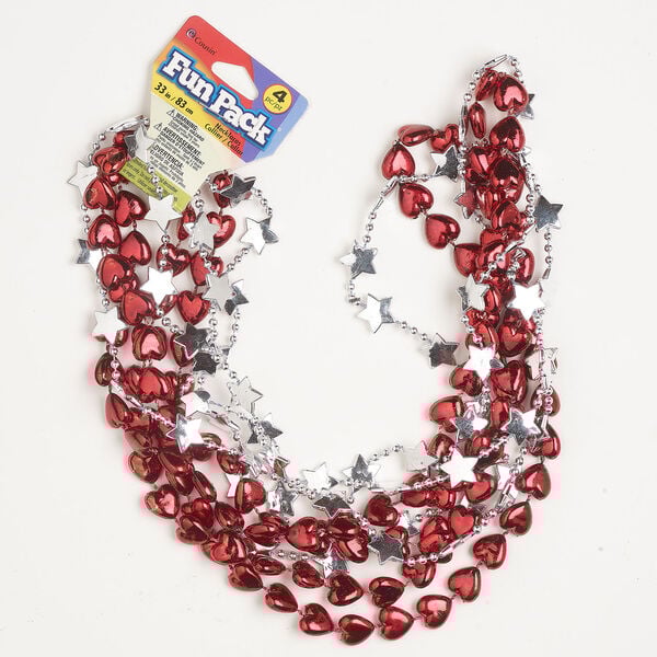 Necklace assortment 1pkg4, acrylic, red and silver,
12mm heart and 14mm star, 31 inches continuous loop. image number 0