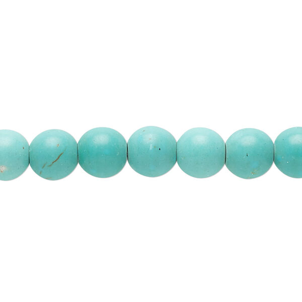 Bead, magnesite (dyed / stabilized), light teal green, 7-8mm round, C grade, Mohs hardness 3-1/2 to 4. Sold per 15-inch strand. image number 0