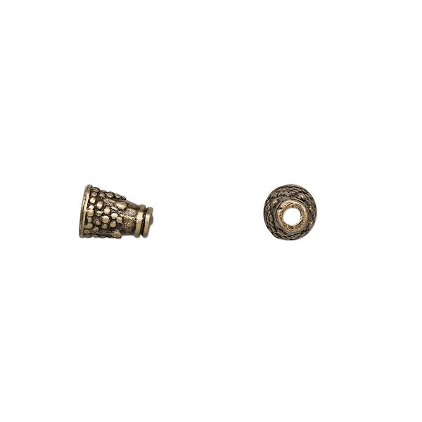 Cone, antique brass-finished "pewter" (zinc-based alloy), 7x5mm with pattern, fits 4mm bead. Sold per pkg of 24. image number 0