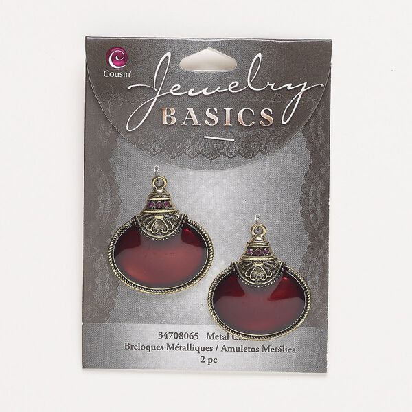 Focal, antique gold-finished "pewter" (zinc-based alloy) / acrylic / glass, burgundy and purple, 30x29mm single-sided fancy oval with beaded edge. Sold per pkg of 2. image number 0