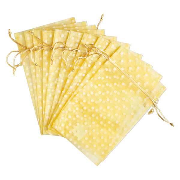 Pouch, flocked organza, yellow and white, 10x6 inches with dots pattern and drawstring closure. Sold per pkg of 12. image number 0