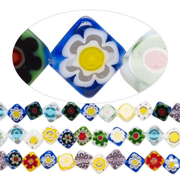 Bead mix, millefiori glass, opaque and translucent multicolored, 7x6mm flat diamond with 0.6-0.8mm hole. Sold per pkg of (3) 14-inch strands. image number 0