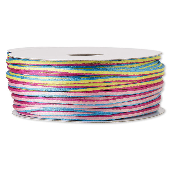 Cord, Satinique™, nylon, blue / pinks / yellow, 2mm regular with vertical stripe. Sold per 100-foot spool. image number 0