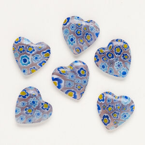 Bead, millefiori glass, translucent purple / blue / multicolored, 17-20mm half-drilled puffed heart. Sold per pkg of 6.