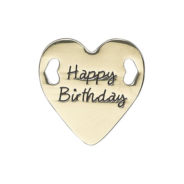 Link, antique gold-finished "pewter" (zinc-based alloy), 25.5mm single-sided flat heart with "Happy Birthday." Sold individually. image number 0